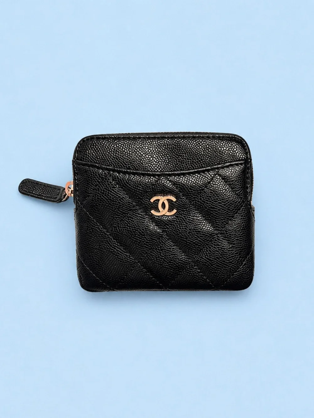 🔥 CHANEL Caviar Quilted Zip Card Holder Wallet in Black with gold hardware
